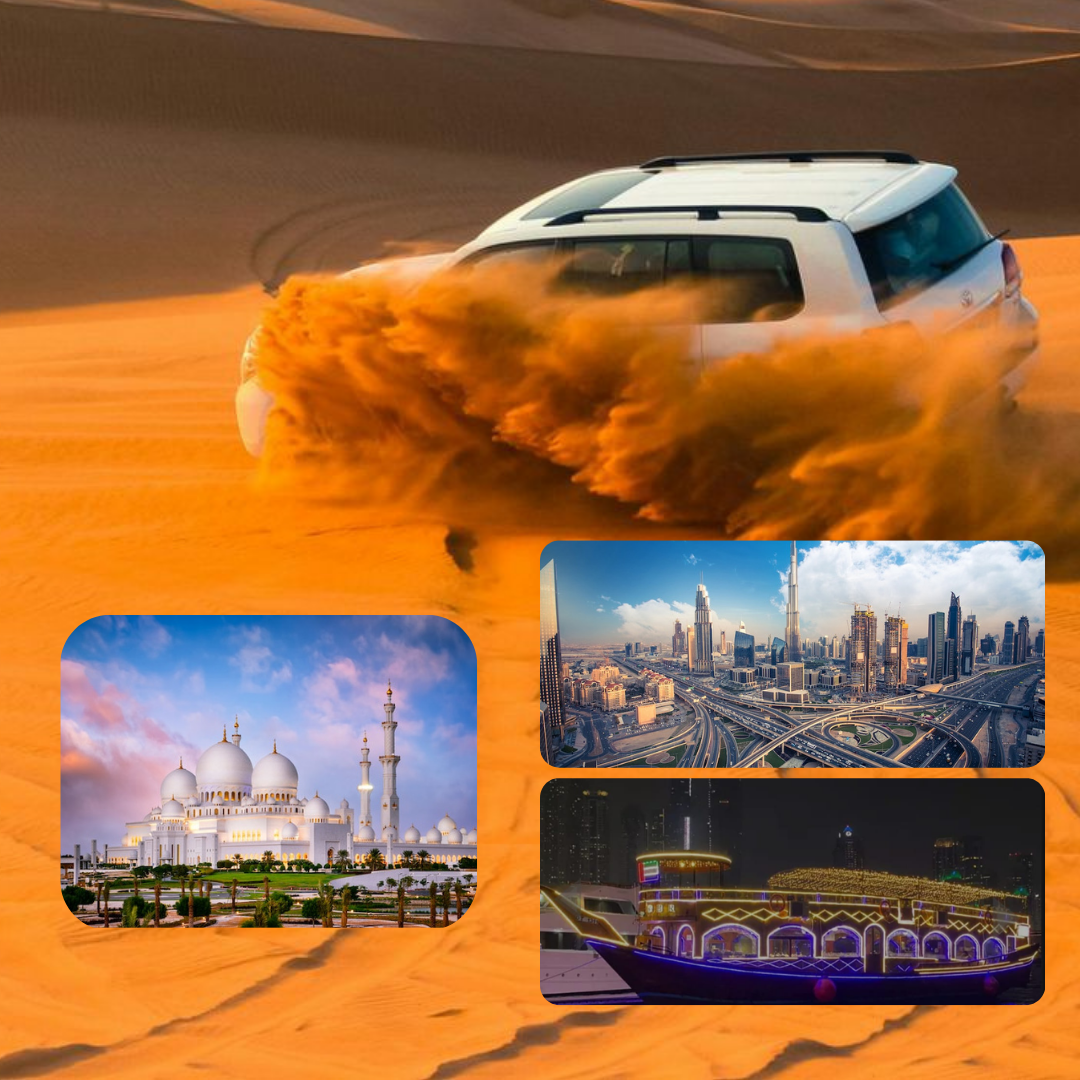 Dubai City Tour + Desert Safari + Marina Cruise Dinner + Abu Dhabi City Tour